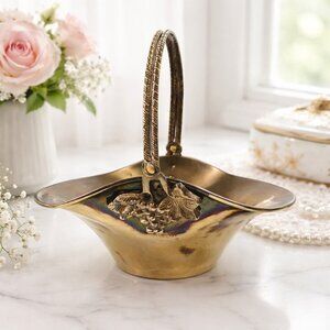 Vintage Brass Decorative Basket With Handle & Grape Motif Design Antique Style A